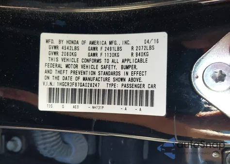 2016 Honda Accord Touring из США, поврежденный, VIN 1HGCR3F97GA028247